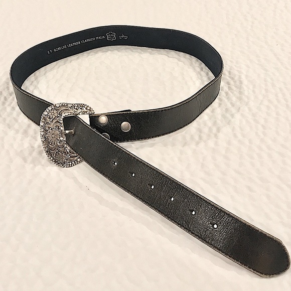 Black Leather Belt w/Western Flare Buckle, Sz. L. Perfect condition. Like new. - Picture 2 of 11